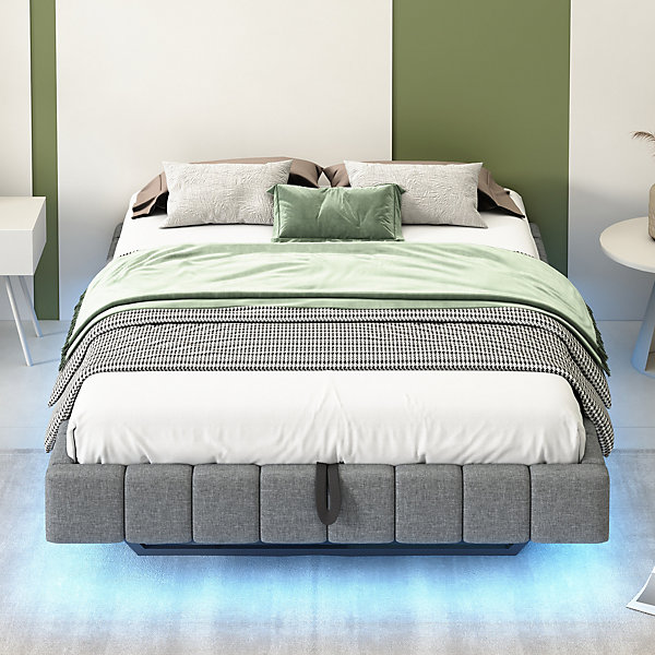 Lit 140x200 cm avec rangement, tapissé lin gris, éclairage LED multicolore intégré, sans tête de lit