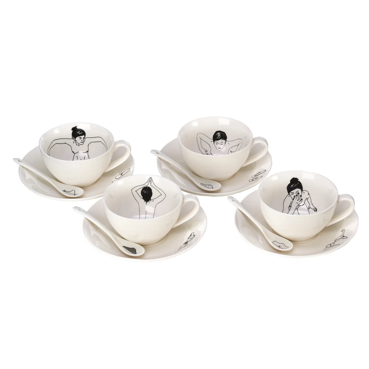 POLSPOTTEN - Undressed Tasse mit Untertasse, weiß (4er-Set)