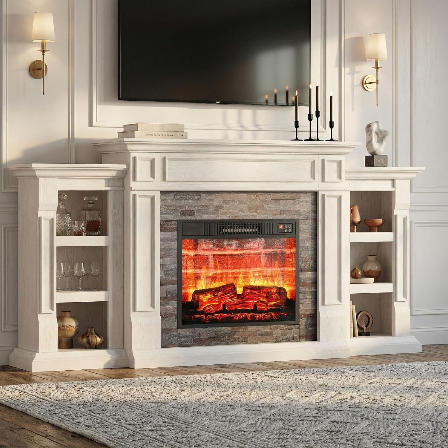 LGHM 72 Electric Fireplace with Mantel, Fireplace TV Stand for TVs Up to 80 Inch, Modern Entertainment Center with Storage, Fireplace Heater Insert with Realistic 3D Flame for Living Room