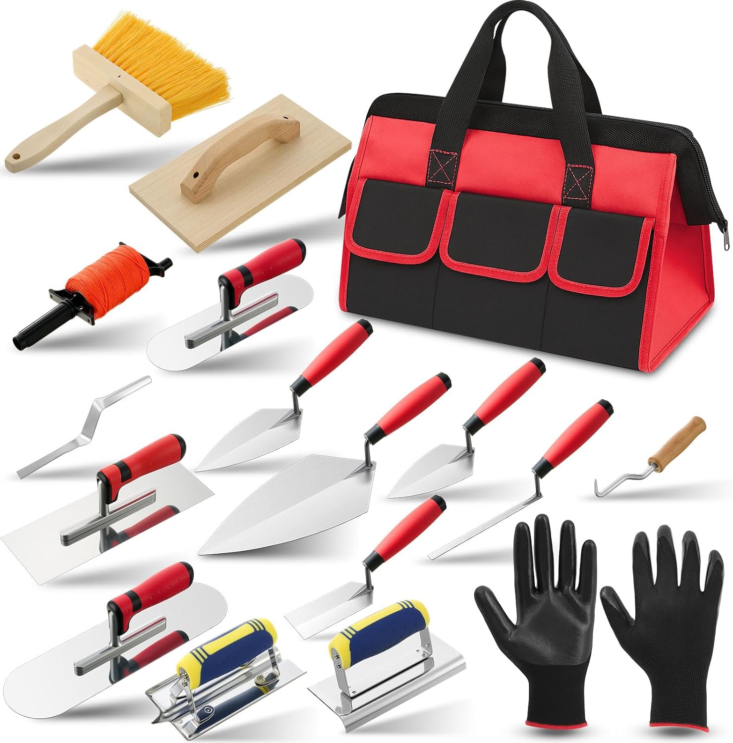 SiliFine 18 Pcs Masonry Trowel Construction Tool Kit with Tool Bag, Includes Putty Knives, Gloves Rebar Hooks, Stainless Steel Tools for Home, DIY, Concrete Masonry Work(Orange)