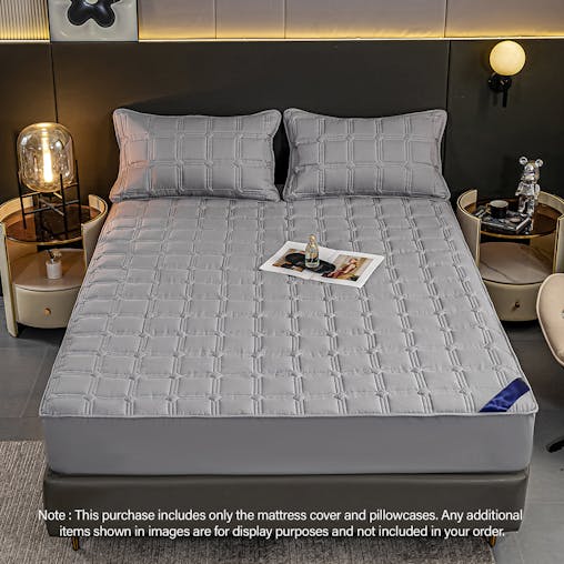 SOGA Grey 153cm Wide Mattress Cover Thick Quilted Stretchable Bed Spread Sheet Protector with Pillow Covers