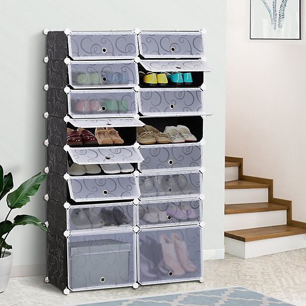 Armoire à chaussures range chaussures L 95 x l 37 x H 160 cm 14 cubes rectangulaires et 2 grands cubes noir et blanc
