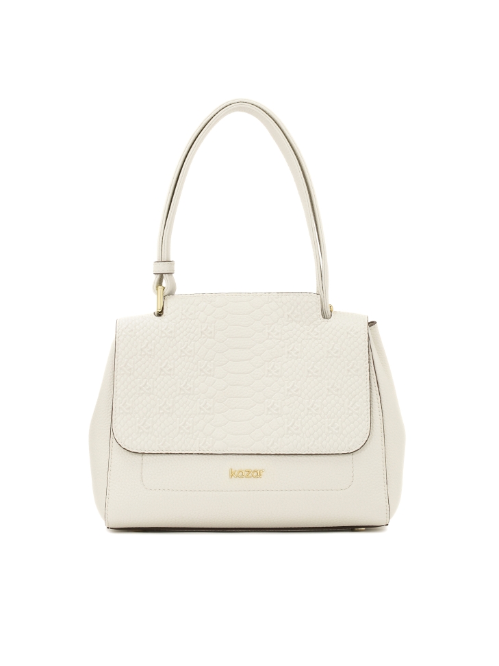 White handbag with flap in embossed pattern