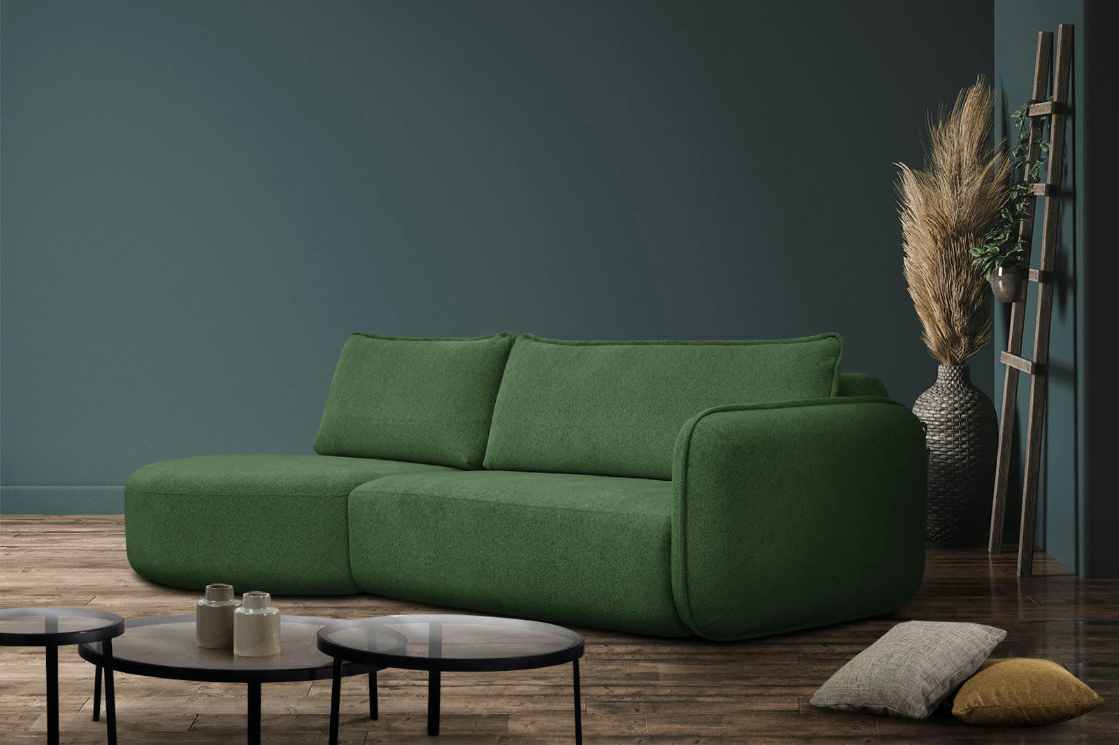 IPSUM - Canapé d'angle gauche 3 places avec l'île tissu vert foncé