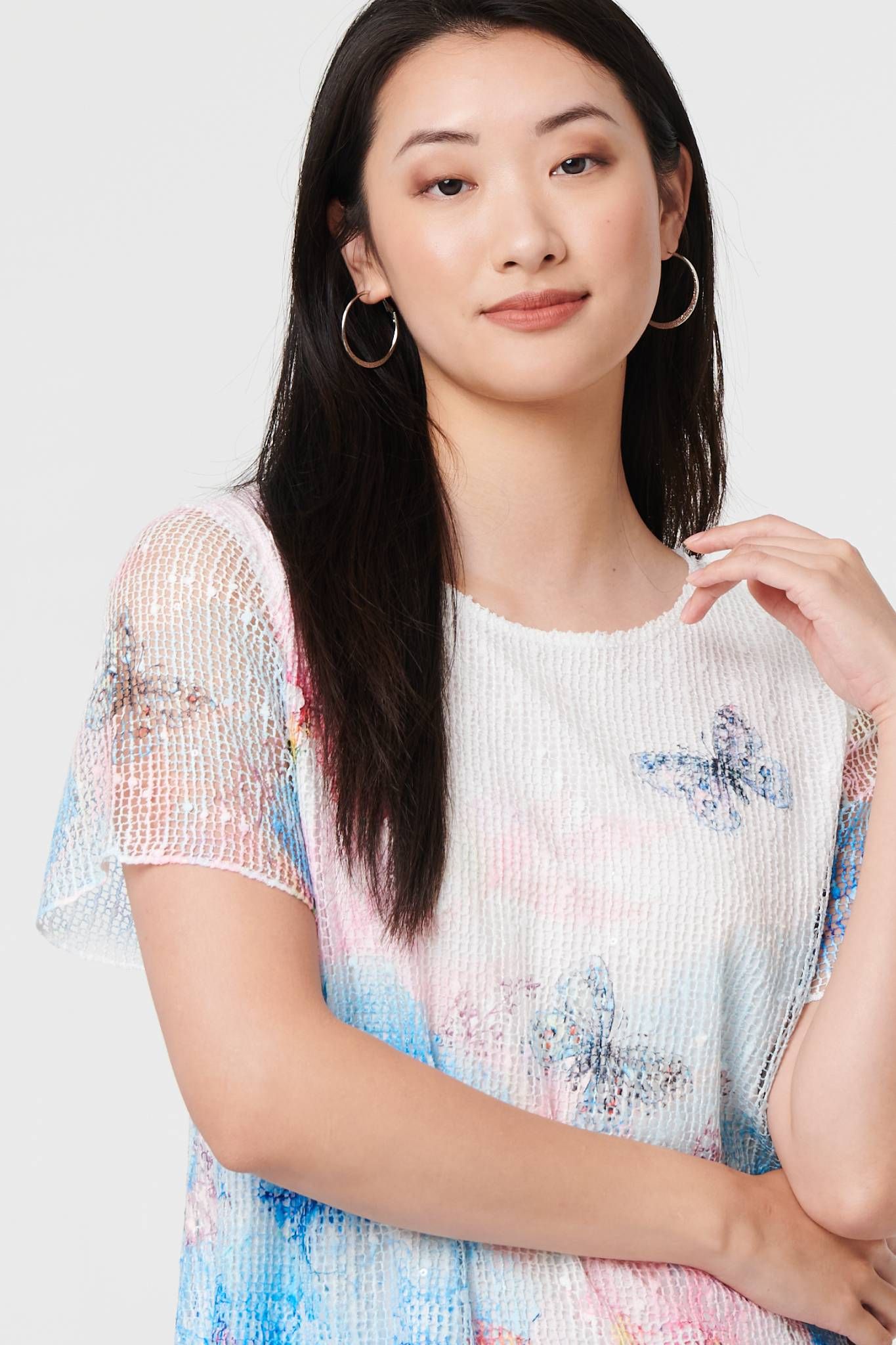 Izabel London Butterfly Print Mesh Layered Top