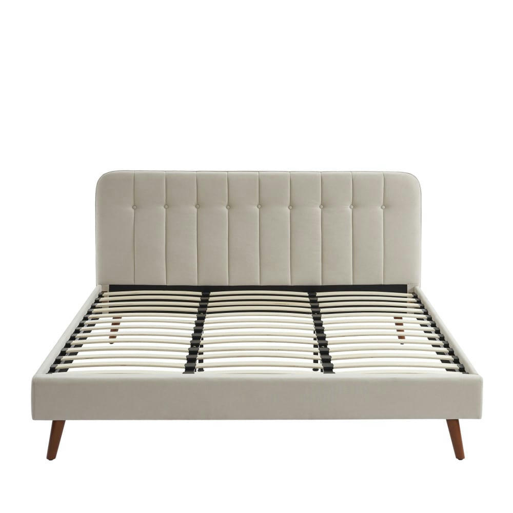 TORGO - Lit matelassé en velours piètement bois foncé 180x200cm beige