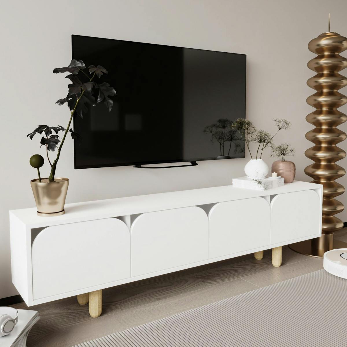 Meuble TV blanc avec rangement, 4 portes courbes VAREN