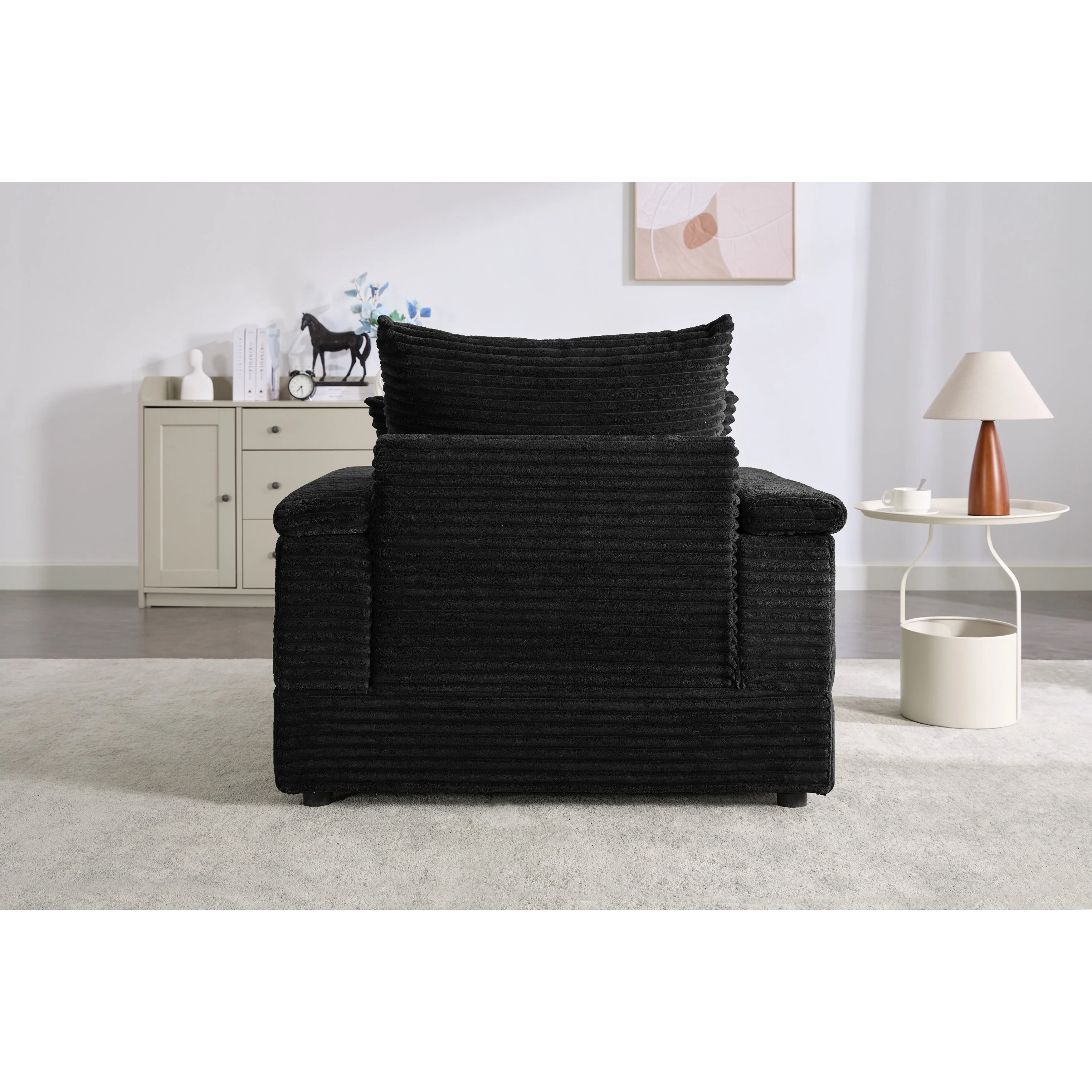 Black 42.52 Corduroy Single Deep Seat Sofa with Removable Ottoman, Storage Armrest, 2 Toss Pillows