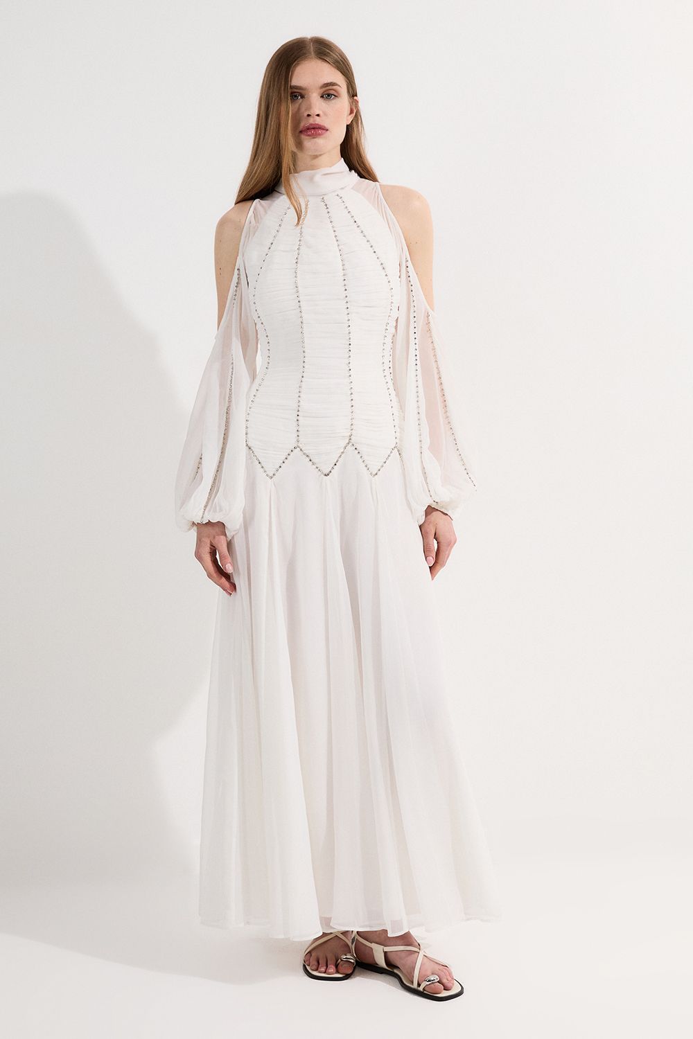 KarenMillen Tall High Neck Embellished Ruched Georgette Woven Maxi Dress