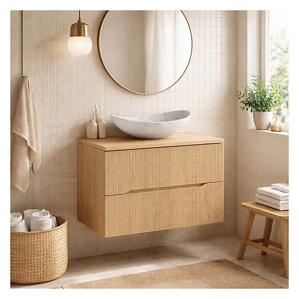 Ensemble de salle de bain NATURA 80cm : meuble sous vasque et plan pour vasque et vasque à poser asymétrique blanche marbrée