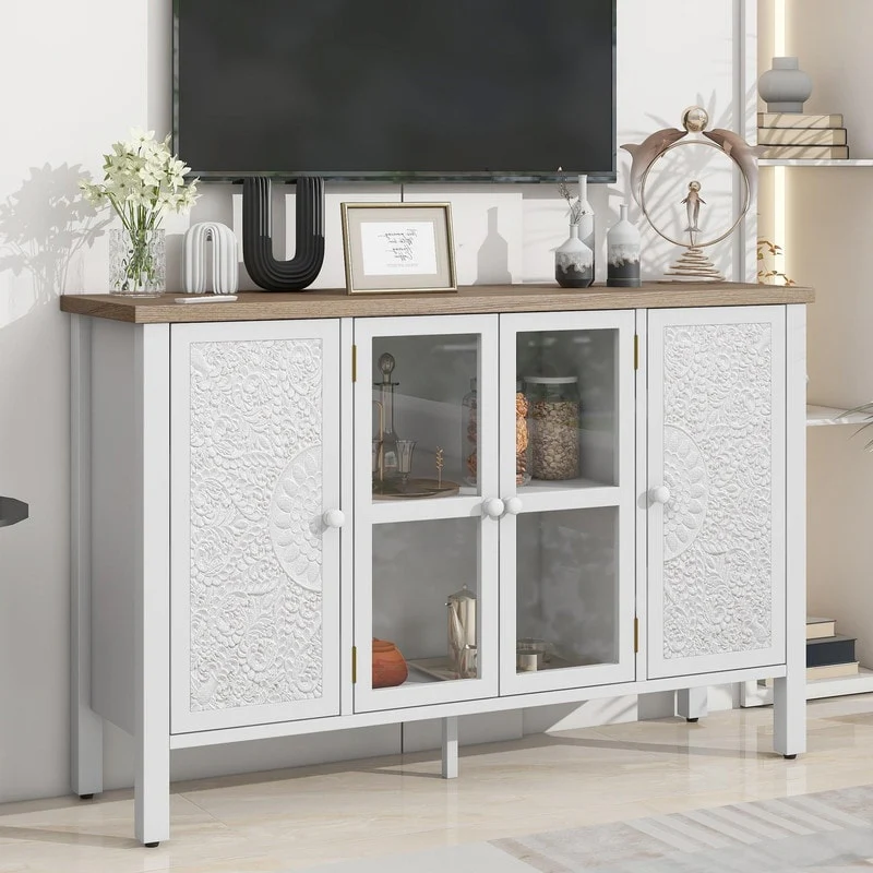 Retro TV Stand for TVs Up to 43 Media Console with Three Cabinets and Adjustable Shelves