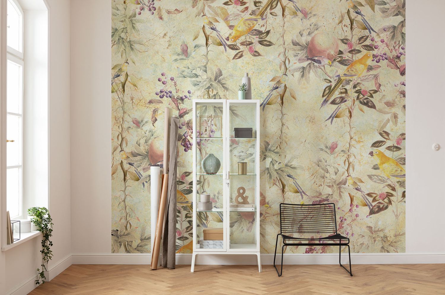 Sanders & Sanders fotobehang bloemen en vogels geel en beige - 300 x 280 cm - 612413