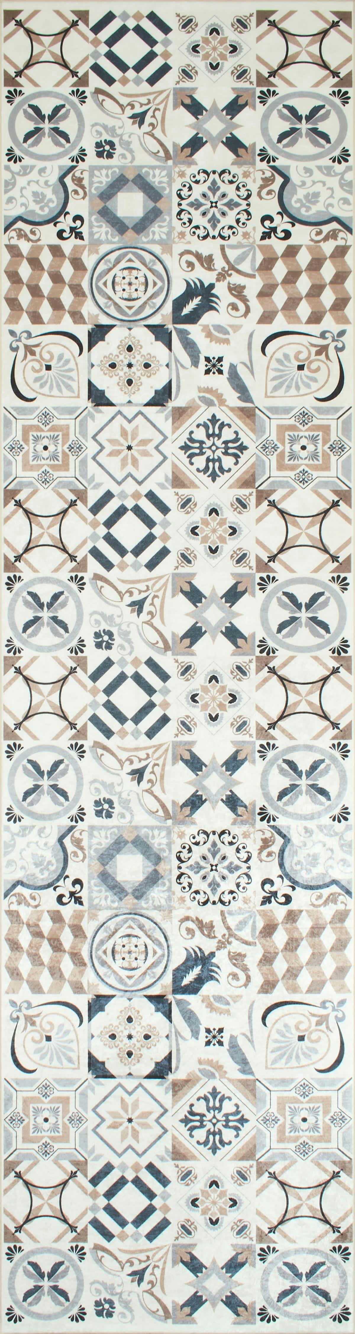 AZULEJO - Tapis de cuisine carreaux de ciment marron 80x300