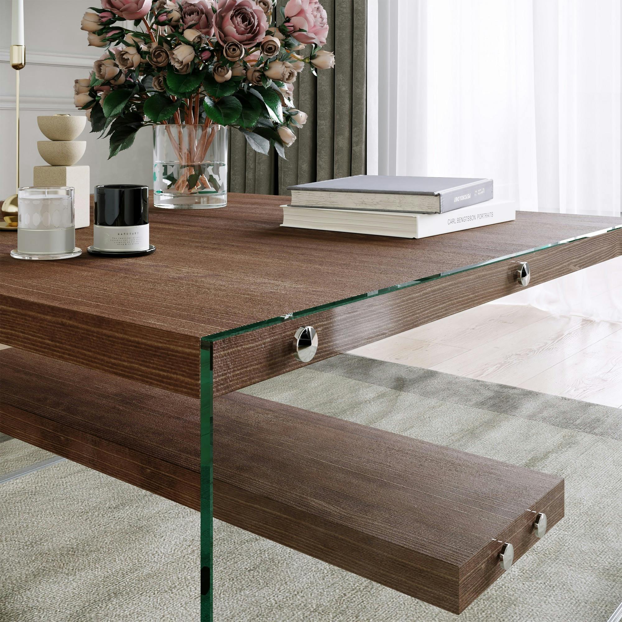 Table basse verre et bois - plateaux bruns suspendus LHASA
