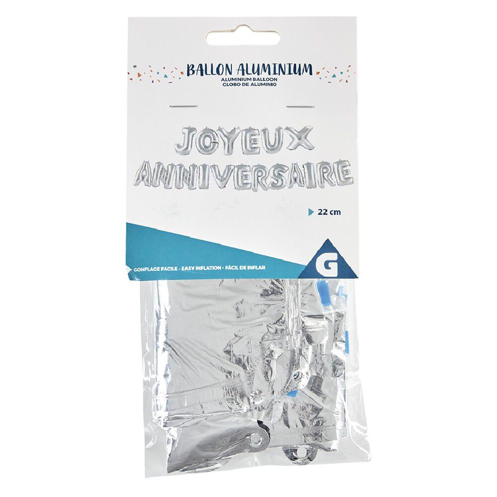 Ballon JOYEUX ANNIVERSAIRE en aluminium doré/argenté