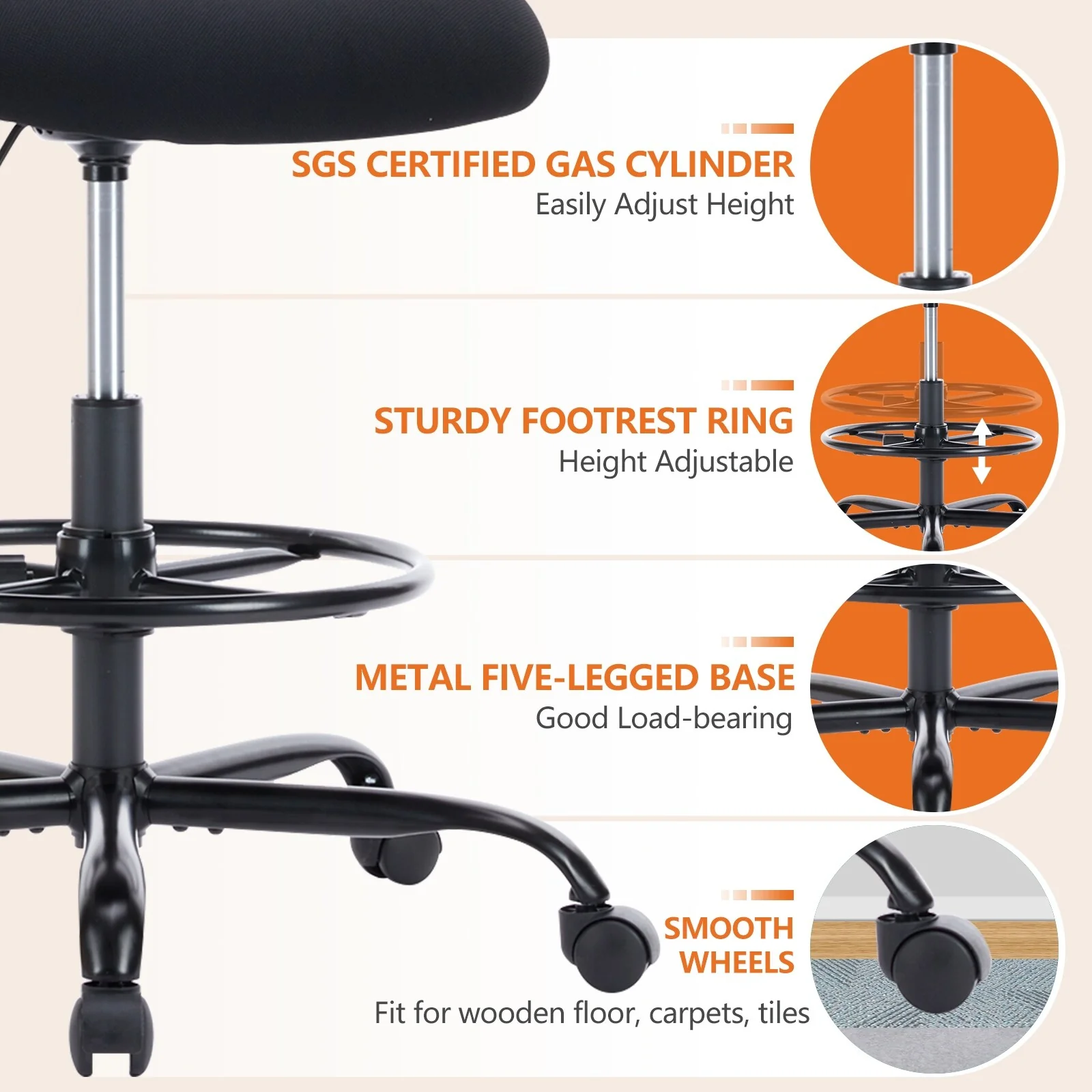 Ergonomic Drafting Tall Office Chair with Flip-up Armrests, Adjustable Footrest, and Mesh Back
