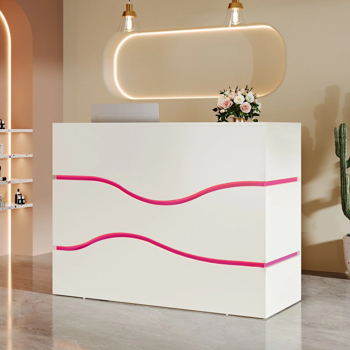 55.12-Inch Modern Reception Desk with 7-Color LED Lights, Front Desk Reception Counter