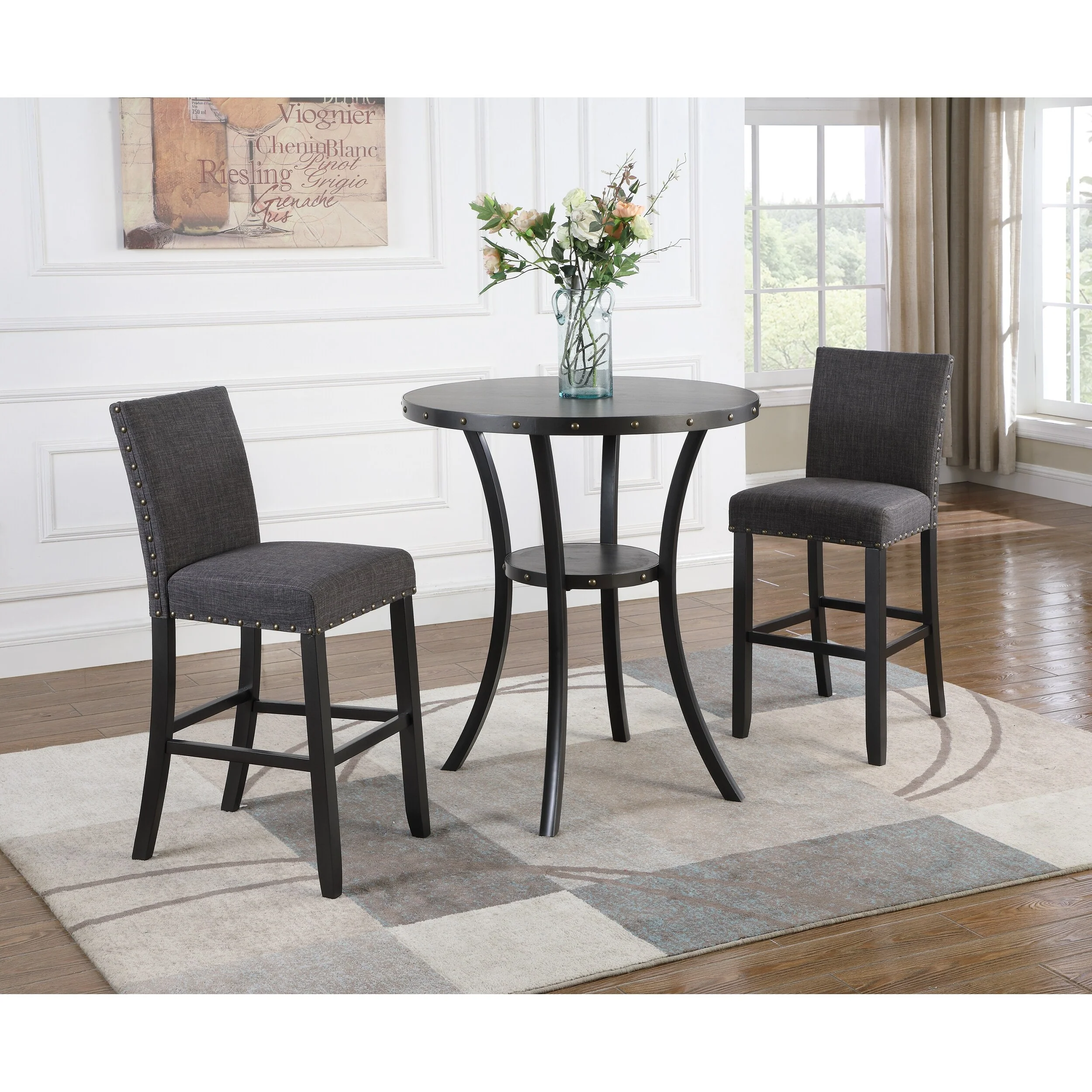 3 Pieces Round Bar Table and Chair Set, Small Dining Table for 2, Breakfast Table with Storage and 2 Fabric Nailhead Pub Chairs