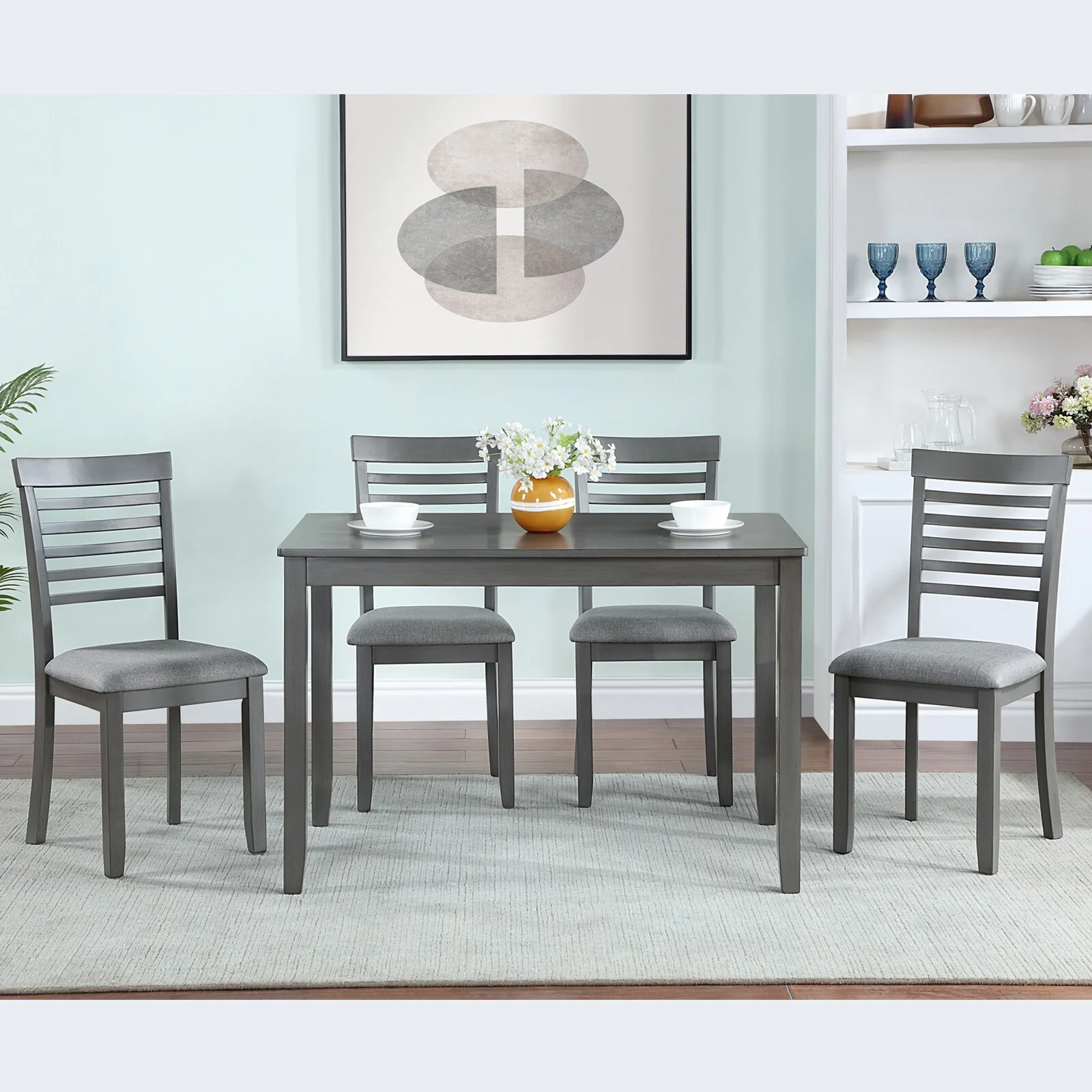 Modern Rectangular 5 Piece Acacia Wood Dining Table Set with 4 Upholstered Chairs and Slat Back, for Dining Room