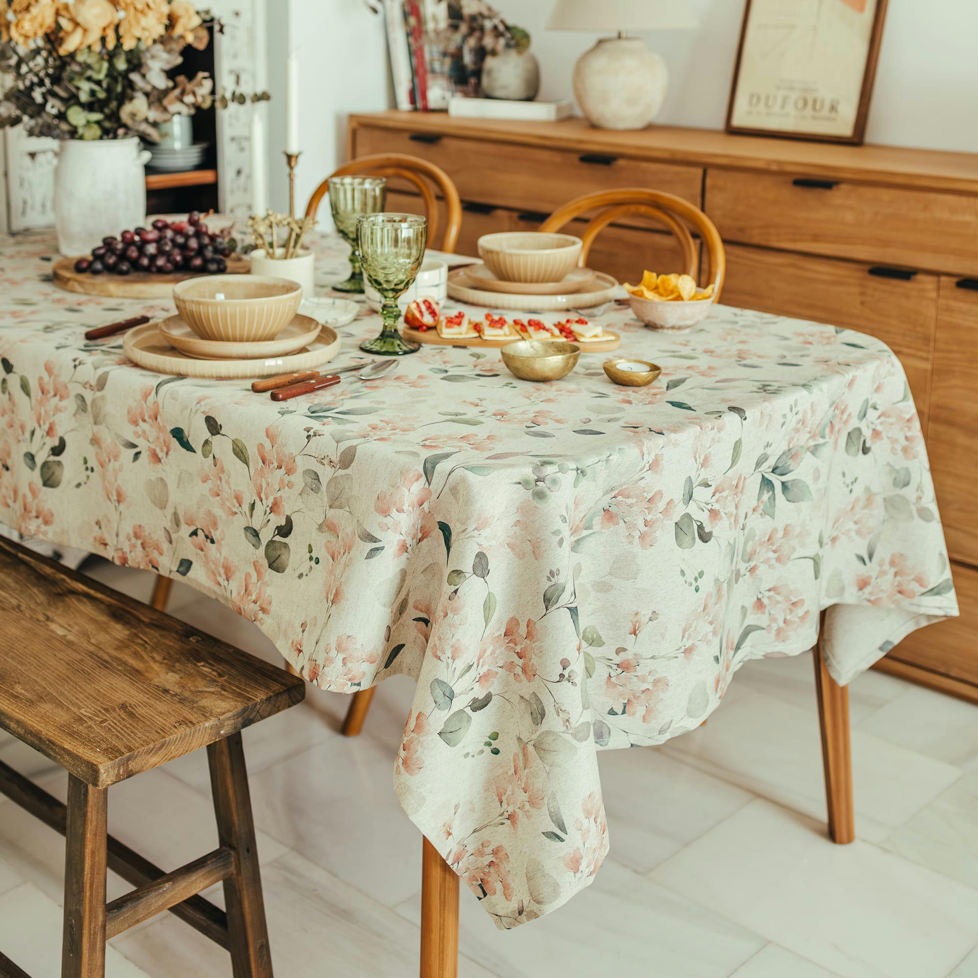 URI ROSA - Nappe en lin antitâche imprimée floral 140x300 cm