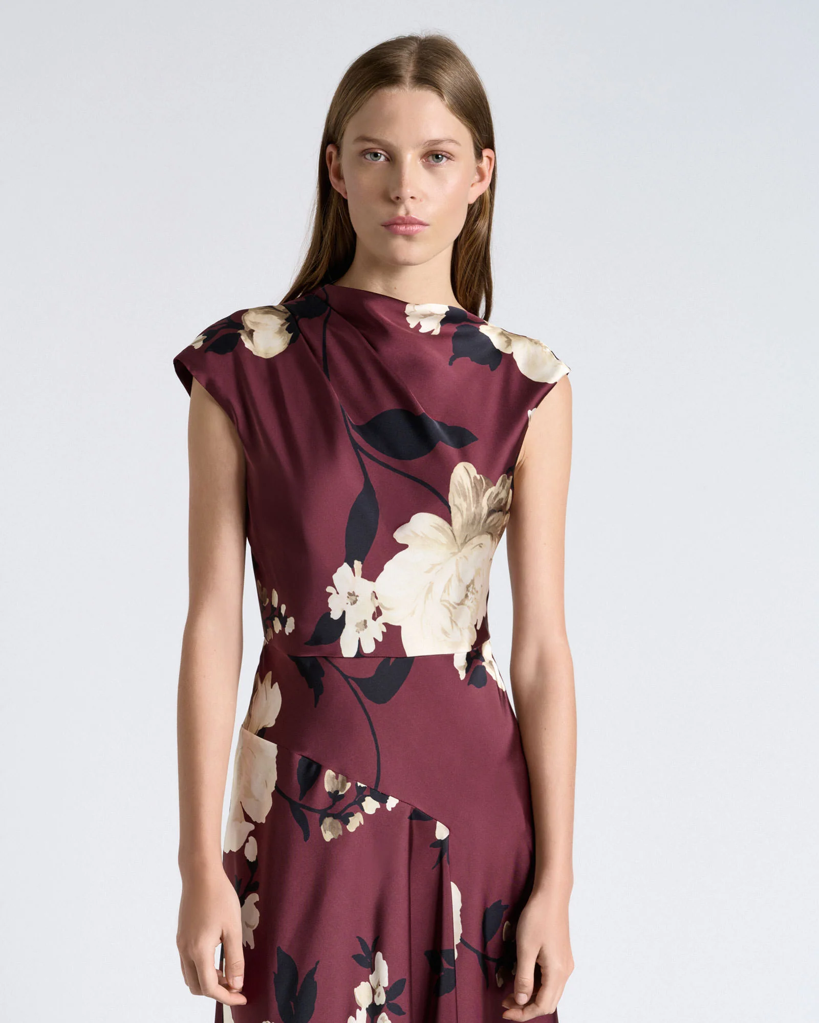 Maroon Peony Draped Midi Dress