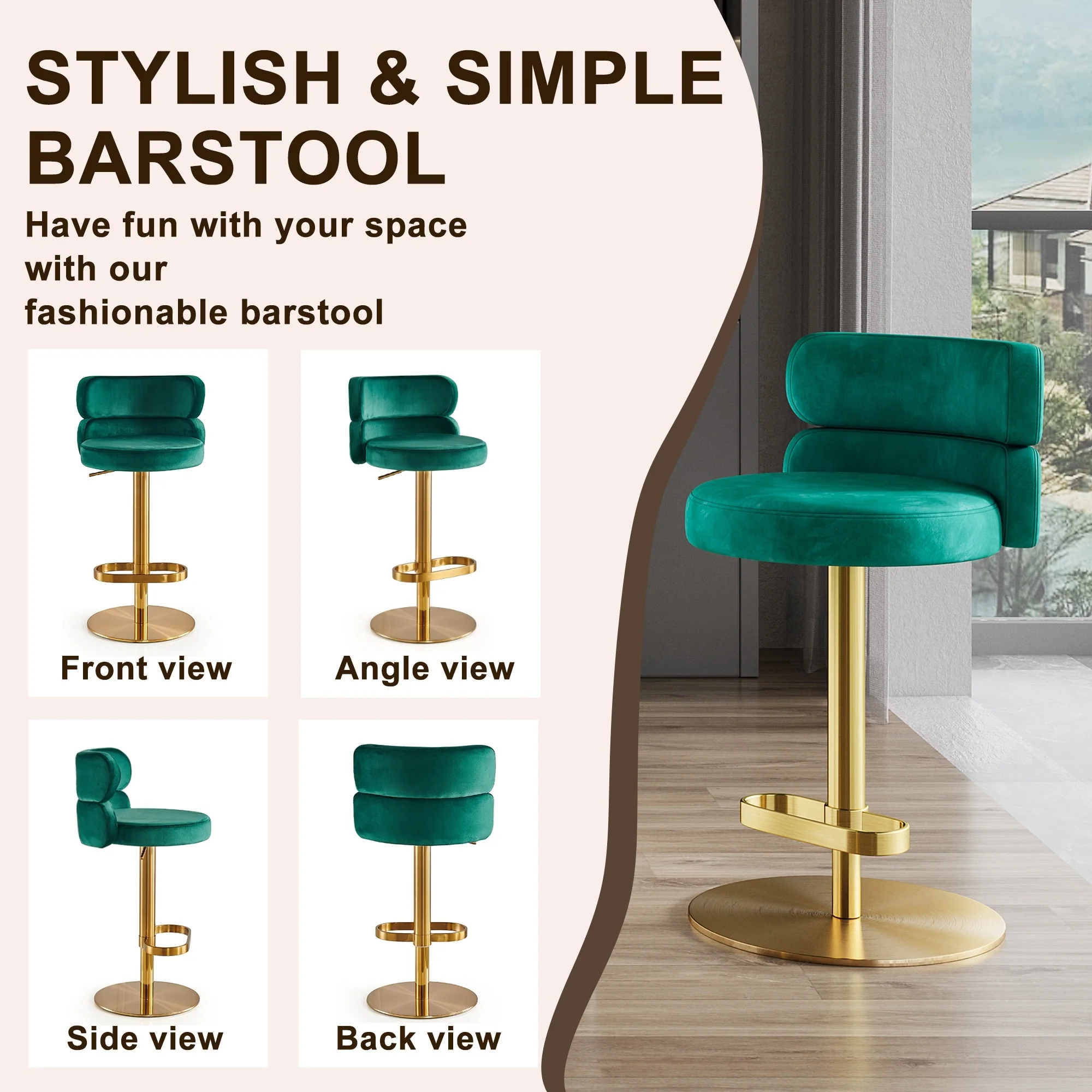 CAROCC Velvet Counter Bar stool with Height Adjustable and Swivel