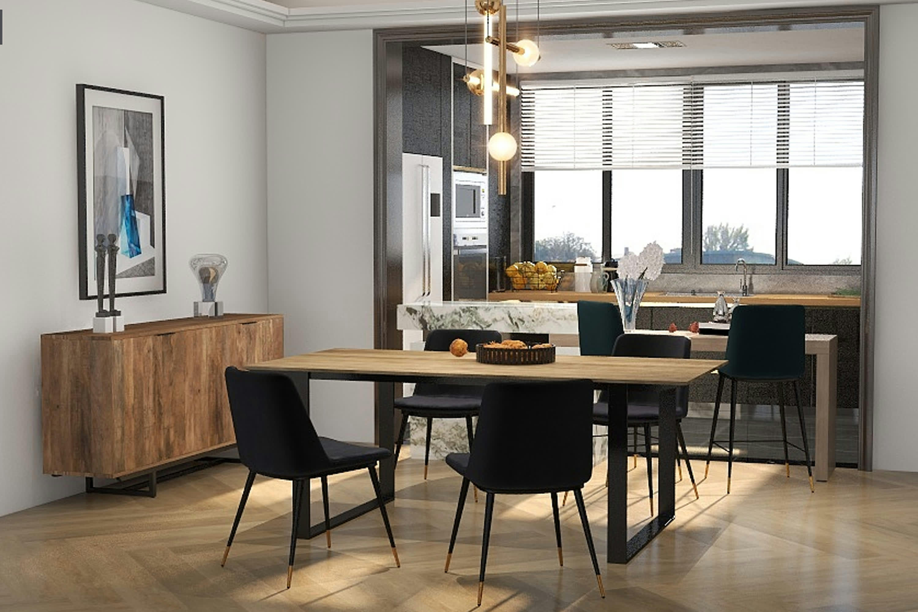 ENZO - Chaise en velours Noir, pieds métal noir mat et doré (x2)