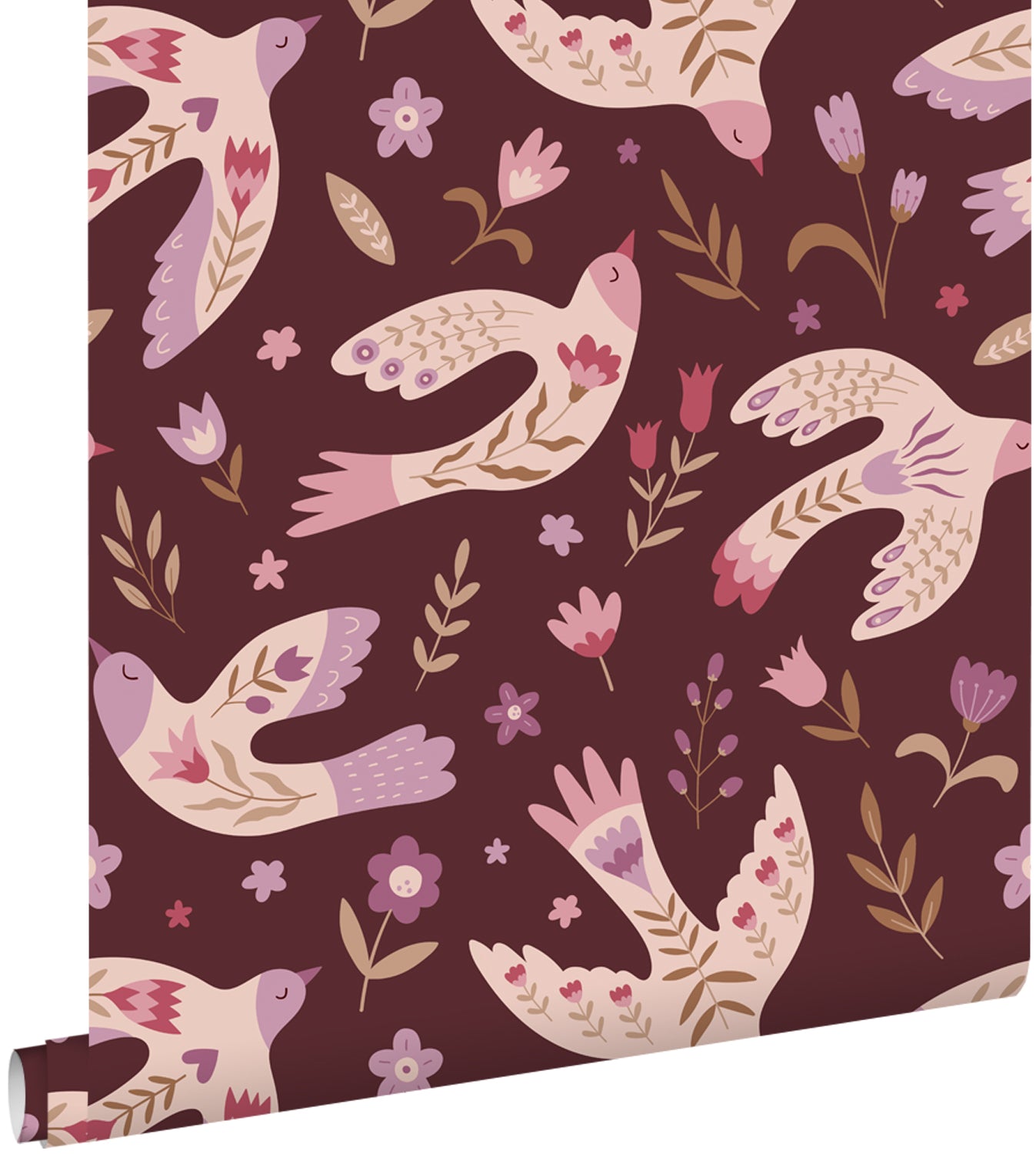 ESTAhome behang bloemen en vogels aubergine paars - 50 x 900 cm - 131759