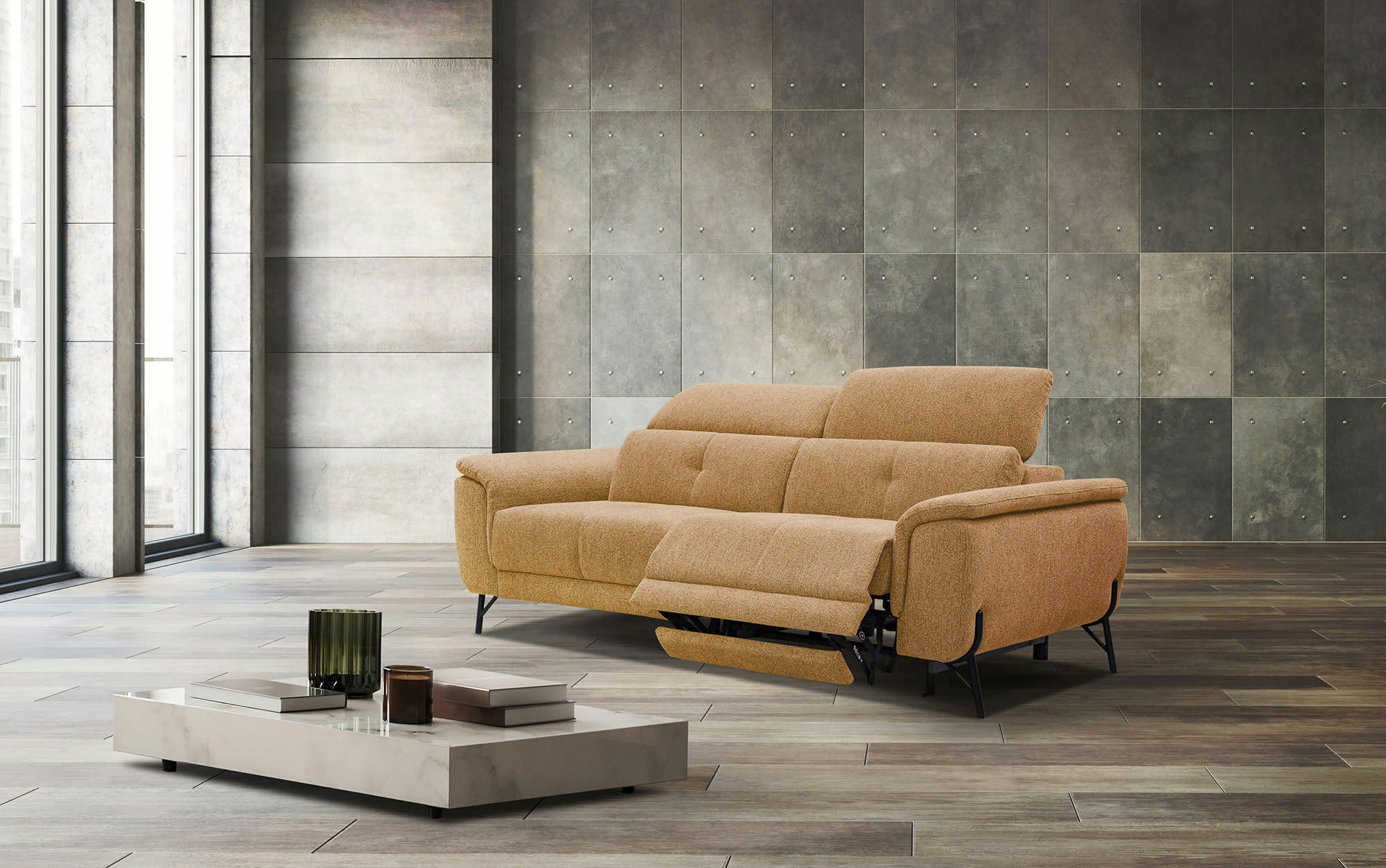 AVENA - Canapé droit 3 places avec une relax électrique à droite tissu orange