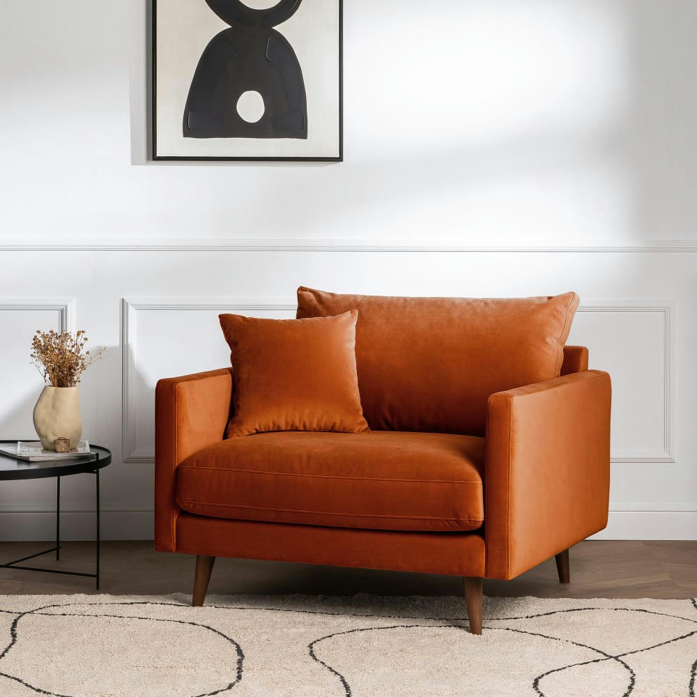 VILLABON - Fauteuil XL en velours pieds bois foncé rouille