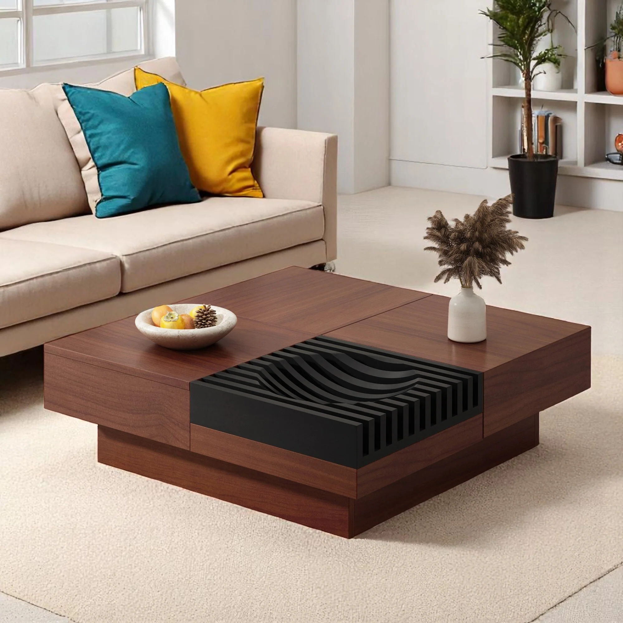 Square Acacia wood storage coffee table with Hidden Storage, 35 Solid Wood Living Room Table,end tables