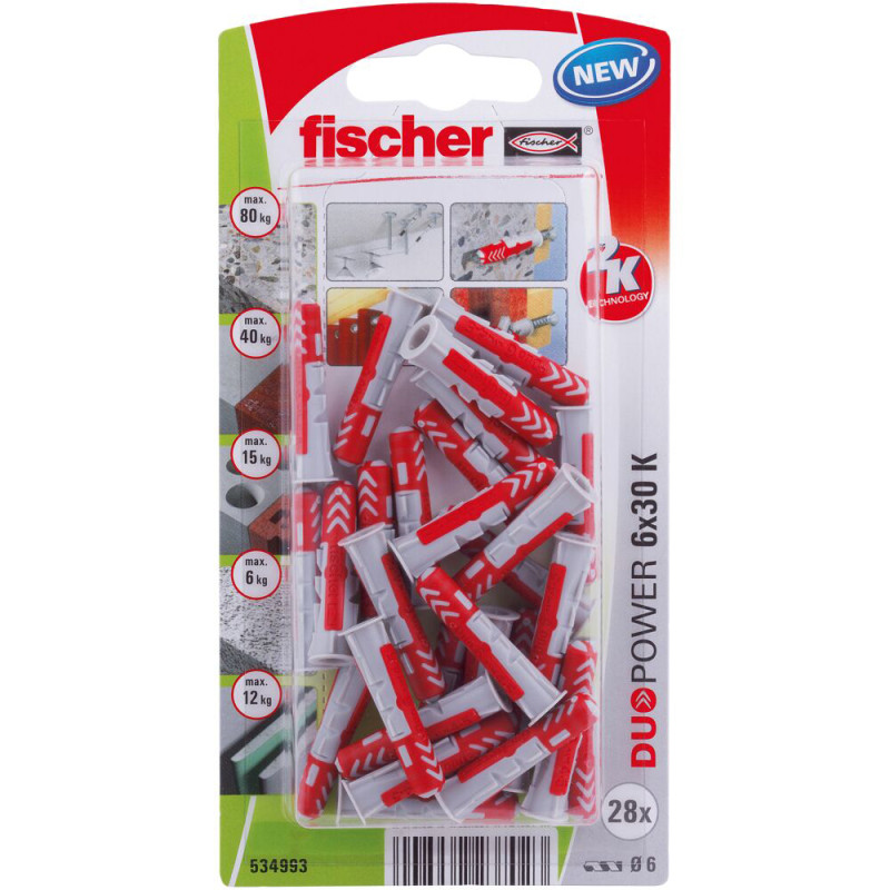 Cheville DuoPower en nylon avec collerette Ø 6 x 30 mm 28 pièces
