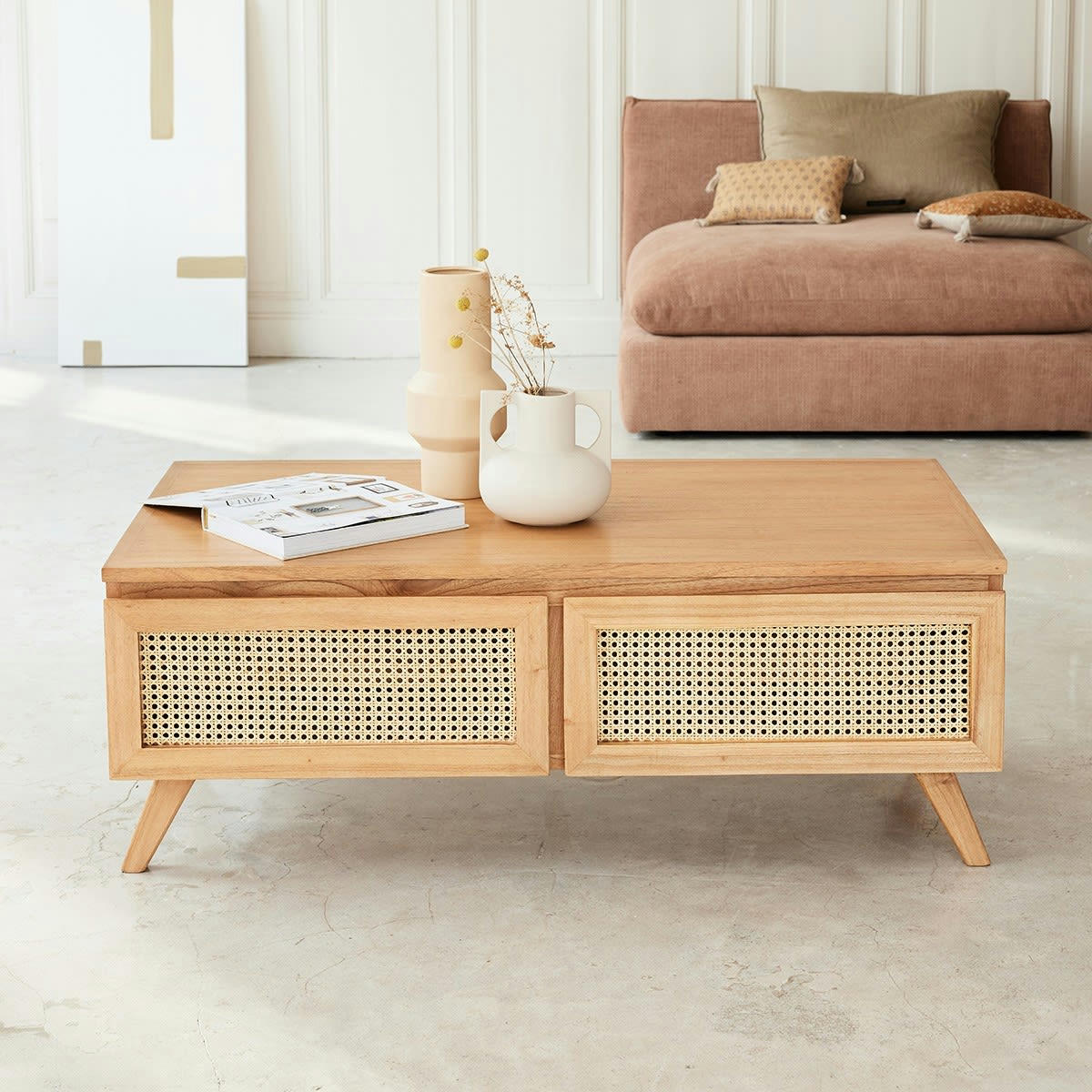 ISÉE - Table basse en mindi massif et cannage 4 tiroirs 110 cm