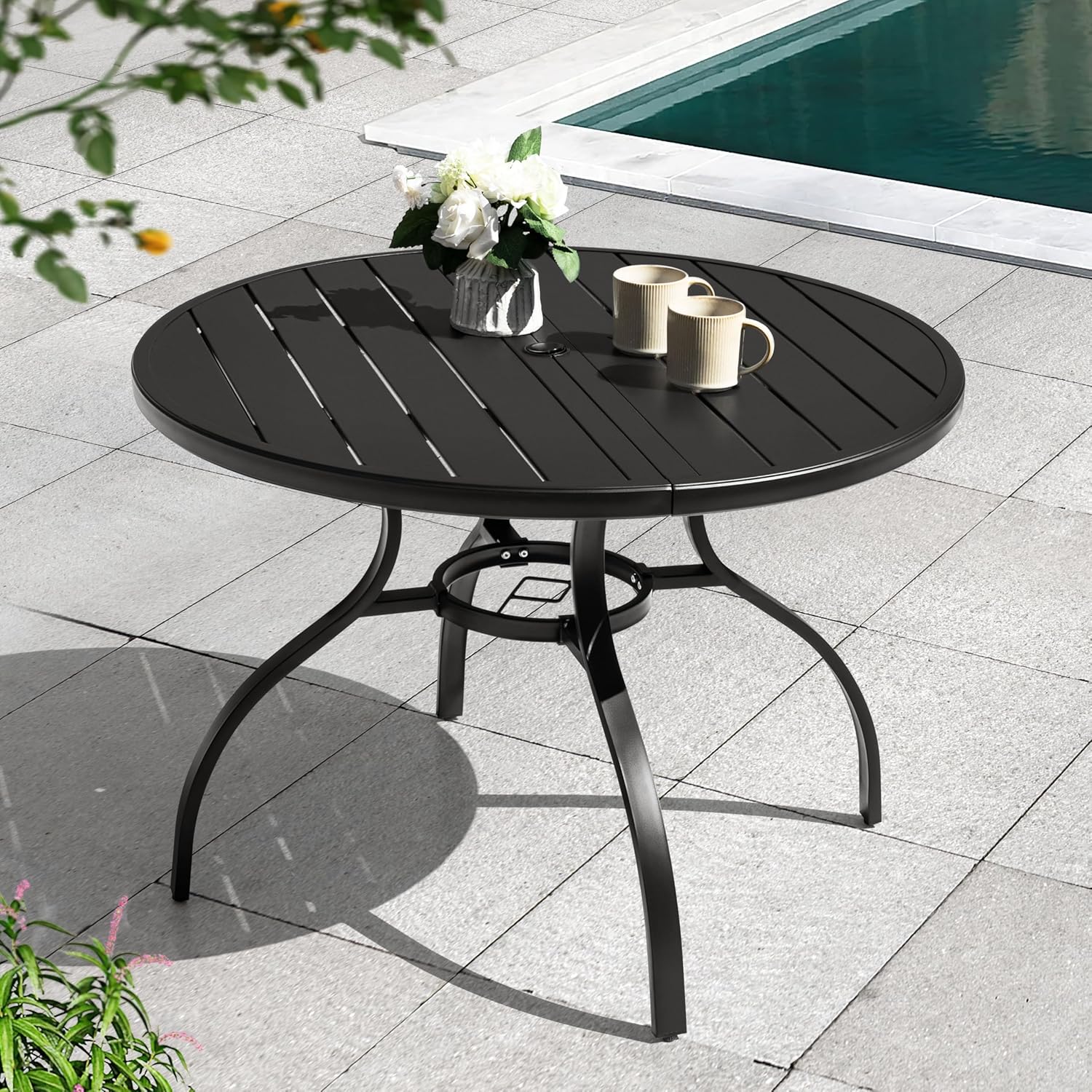 NUU GARDEN 41 Round Metal Outdoor Patio Dining Table for 4, All-Weather Slatted Outdoor Table with 1.57 Umbrella Hole and Adjustable Feet for Lawn Garden Backyard, Black
