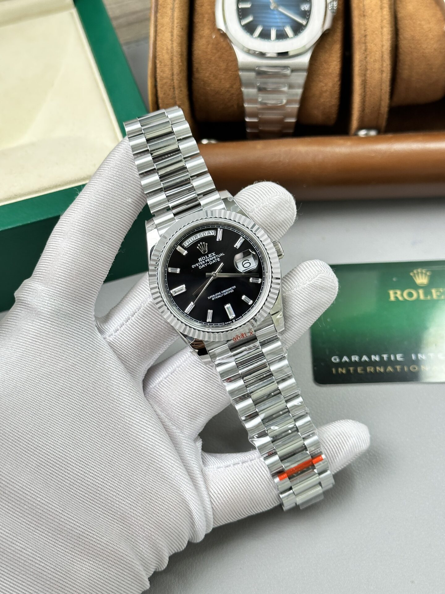 Rolex Day-Date 228236 904L Steel Black Dial CZ Diamonds 40mm Super Clone