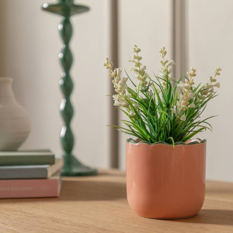 Habitat Artificial White Lavender in Wavy Pink Pot