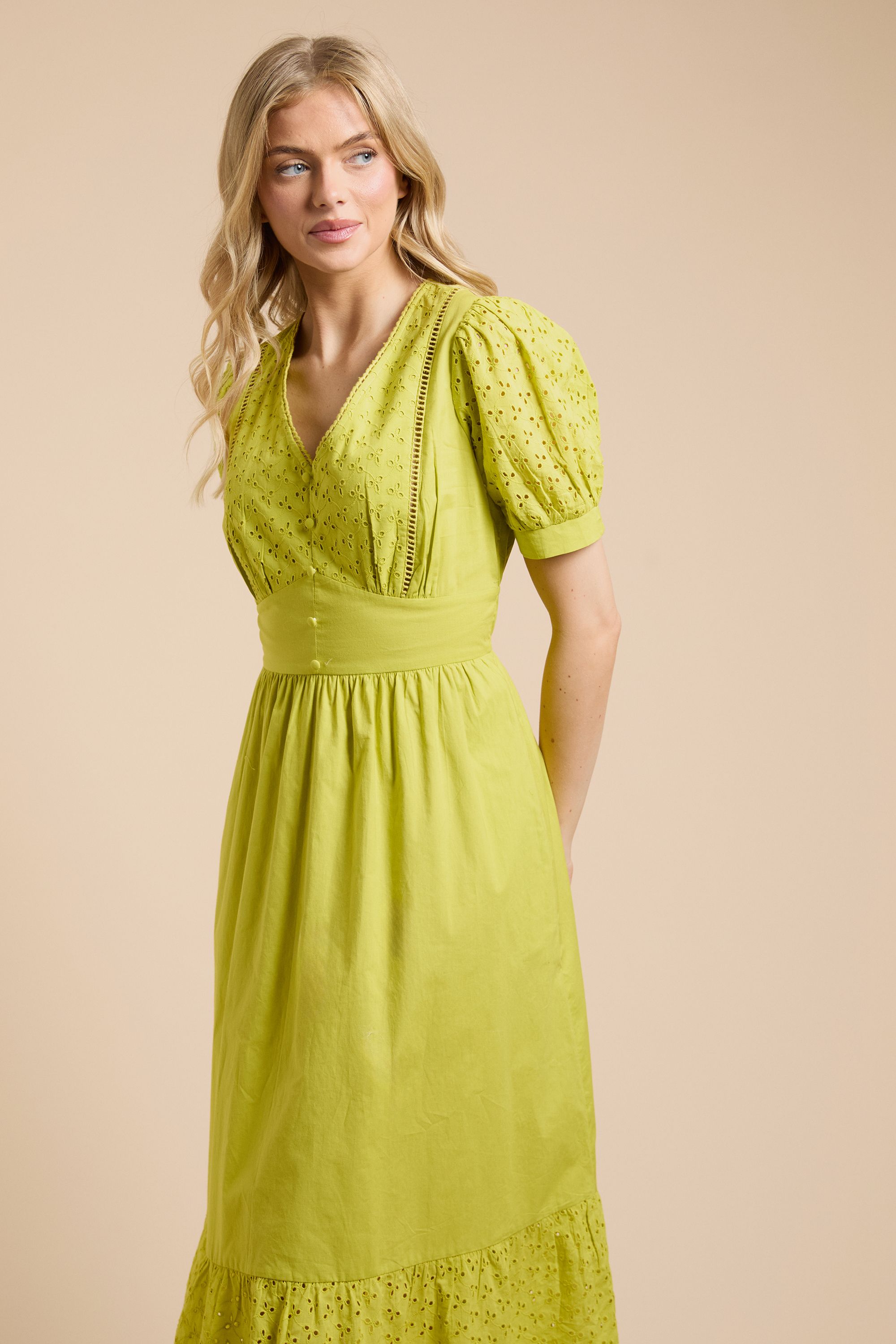 Dorothy Perkins Broderie Lace Trim Puff Sleeve Tiered Poplin Maxi Dress