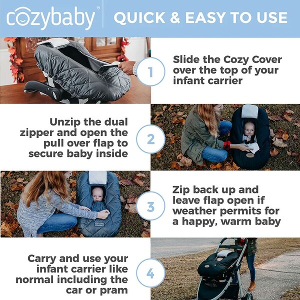 CozyBaby Quilted Infant Car Seat Cover with Dual Zippers and Elastic Edge, Black - 0.11
