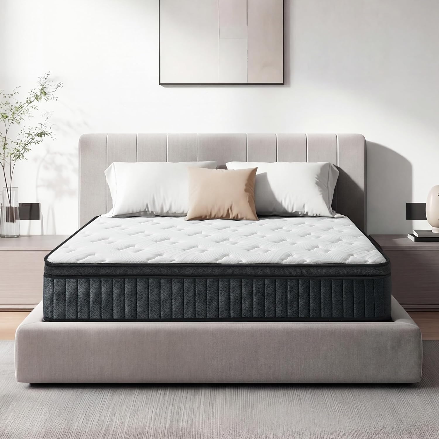 Sunny Heart 14 Inch Queen Size Mattress, Hybrid Memory Foam Mattress in a Box, Pocket Springs for Pressure Relief and Comfy Support, Motion Isolation, Medium Firm Feel, CertiPUR-US Certified（White）