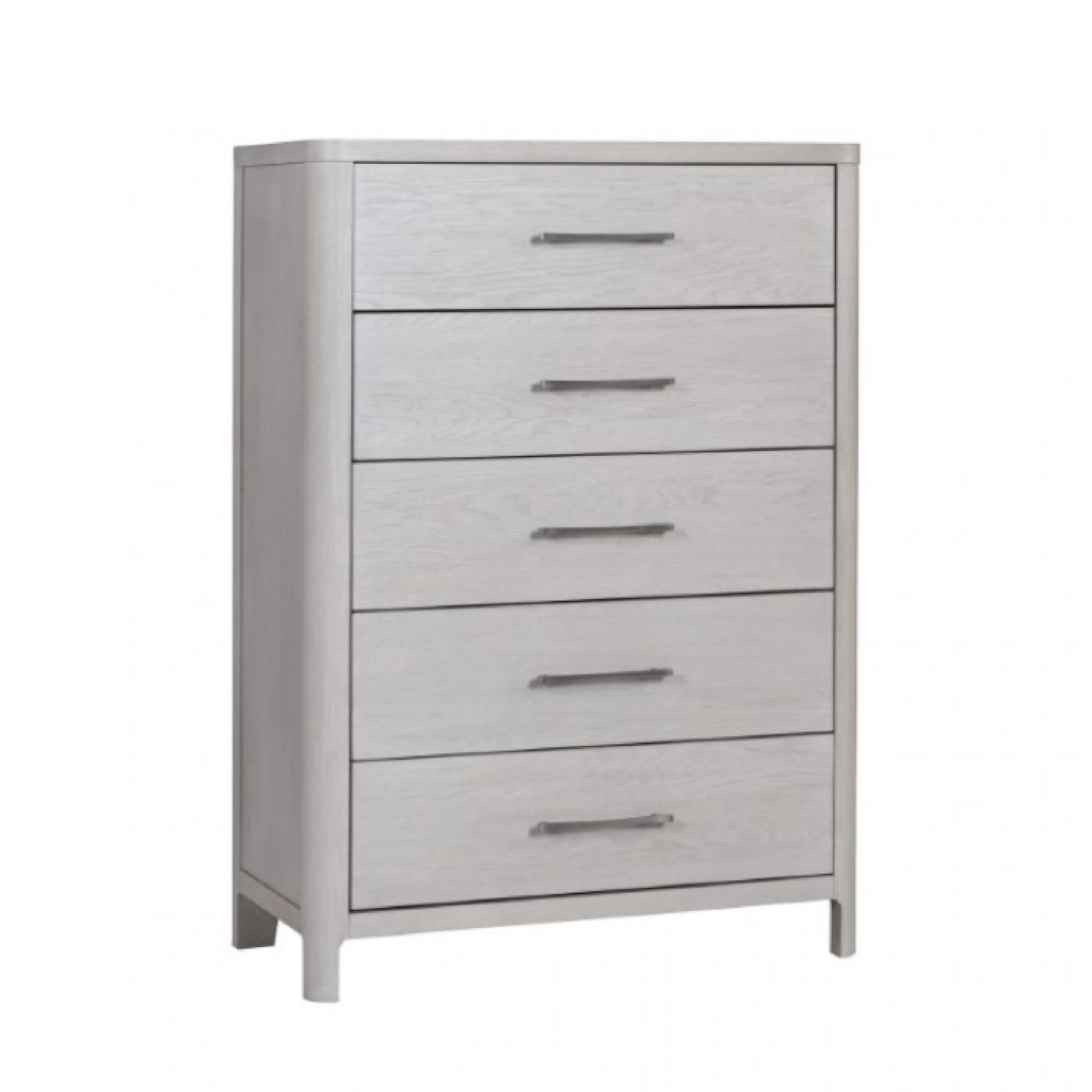 Reham Tall Dresser Chest, 5 Drawers, Pewter Handles, White Wash Brown