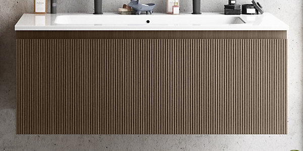 Meuble vasque suspendu plaqué noyer strié l.120 cm   plan vasque blanc brillant résine pour 2 robinets, Pura