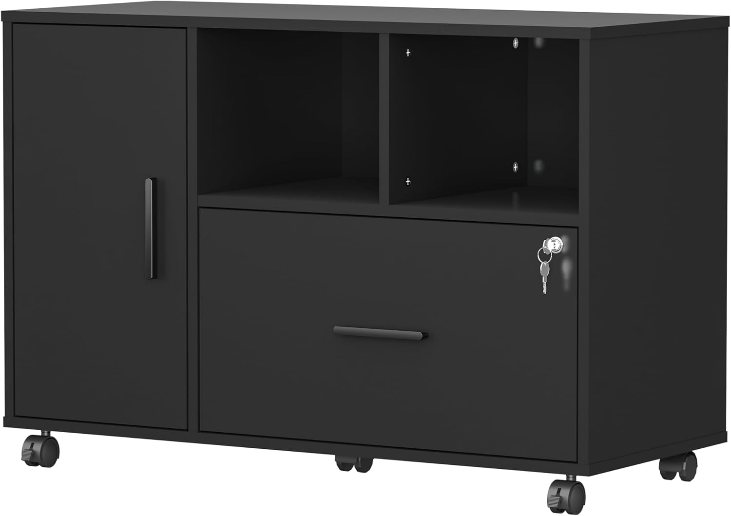 Panana Wood File Cabinet with Lock, 1-Drawer Wooden Office Lateral Filing Cabinet on Wheels Mobile Printer Stand with Open Storage Shelf for Letter/Legal/A4 Size Files (Black1)