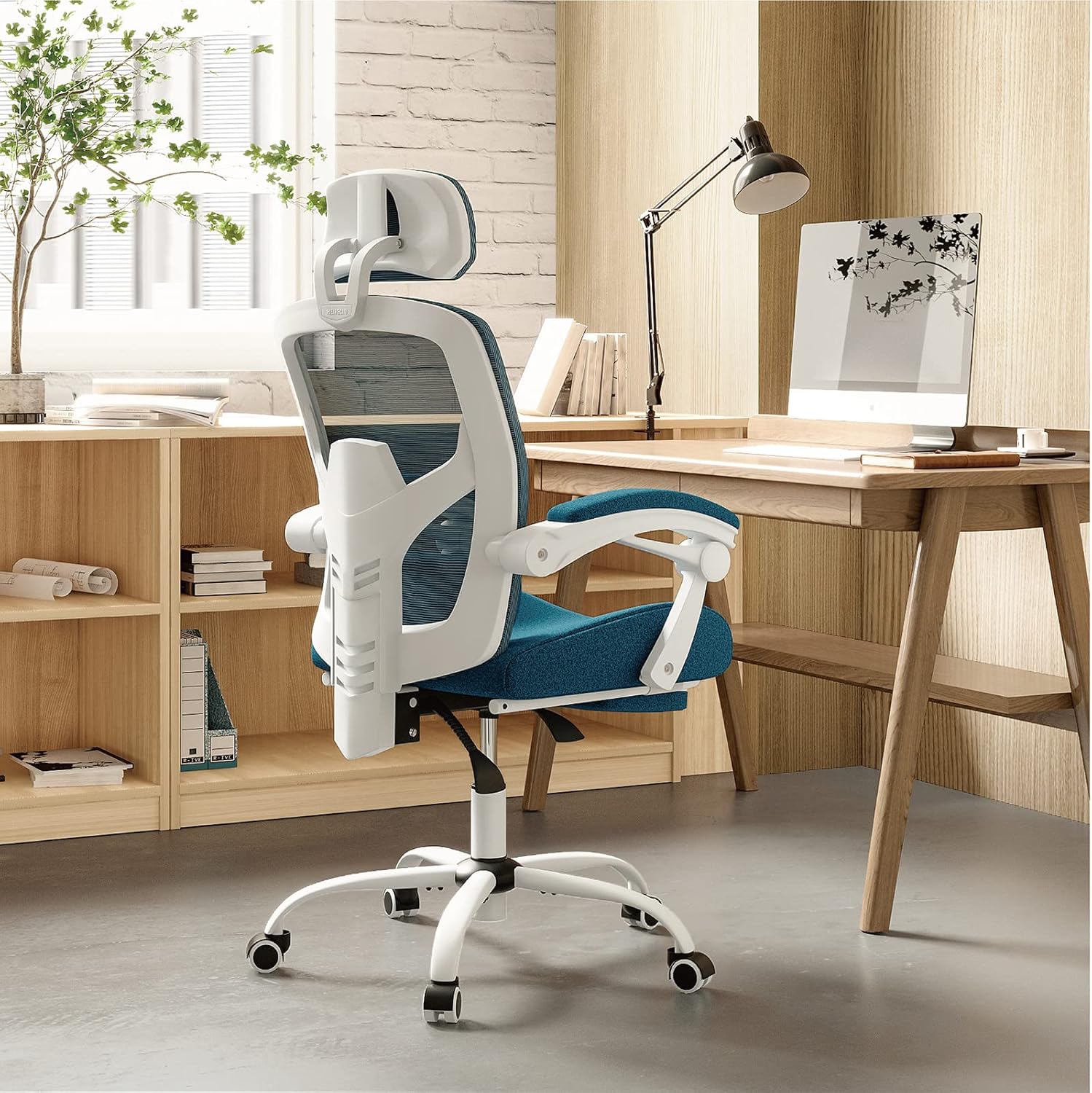 DUMOS Office Desk Computer Chair with Footrest, Ergonomic Mesh Swivel Gaming Chair with Rolling Wheels, Comfortable Headrest, Lumbar Support, Comfy for Home, Office, Task, Student, Elegant Blue