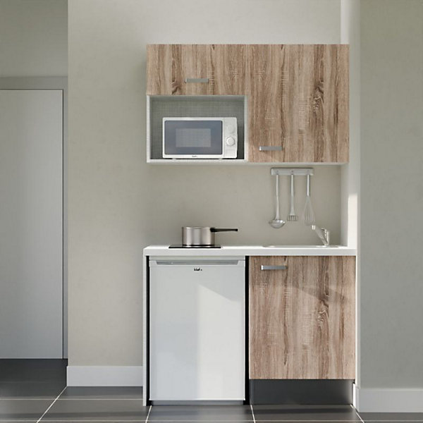 Kitchenette K07 façades Bois - Plan de travail Blanc - Crédences : Non - Evier inox - Electroménager Blanc inclus