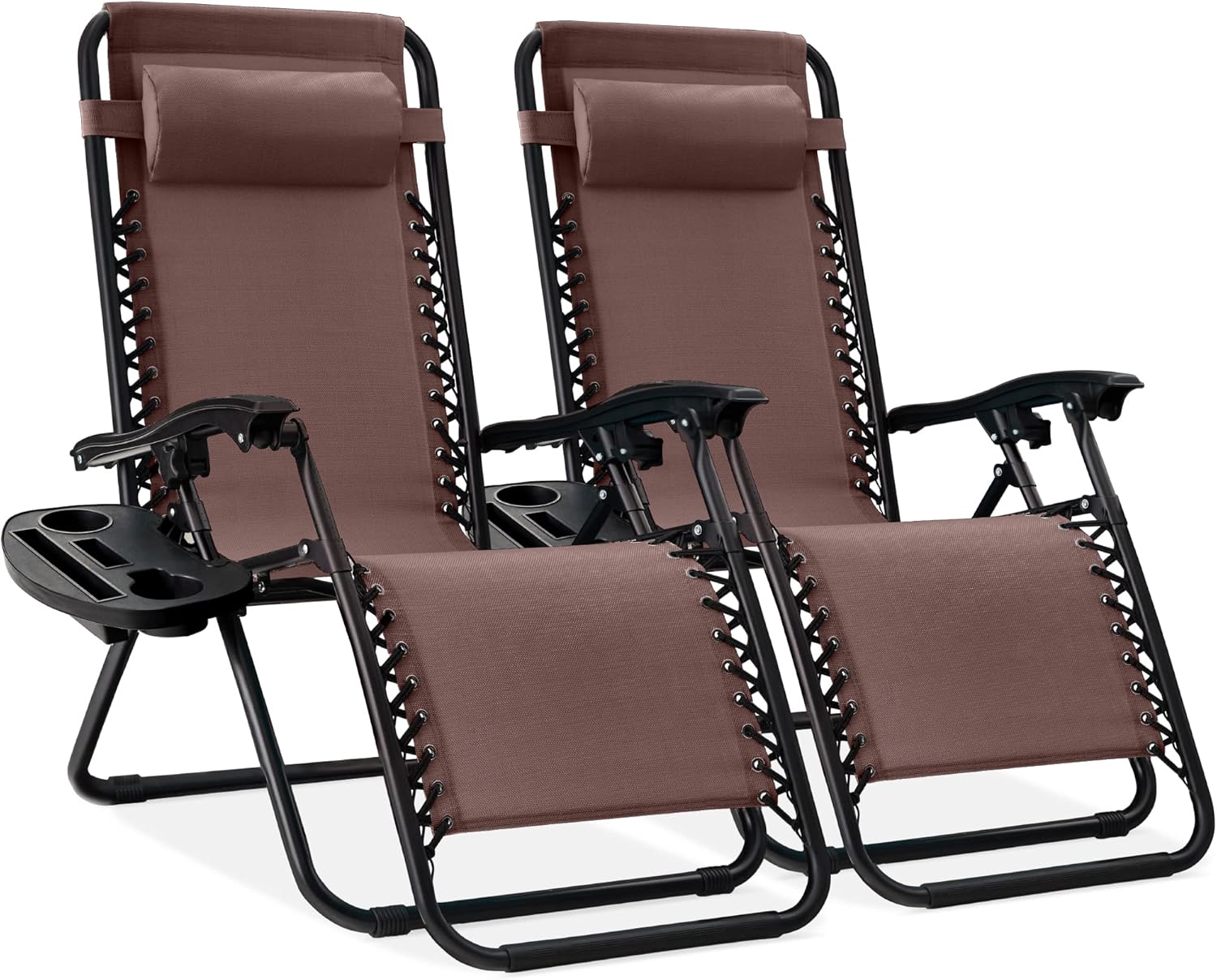 Best Choice Products Set of 2 Adjustable Steel Mesh Zero Gravity Lounge Chair Recliners w/Pillows and Cup Holder Trays - Brown