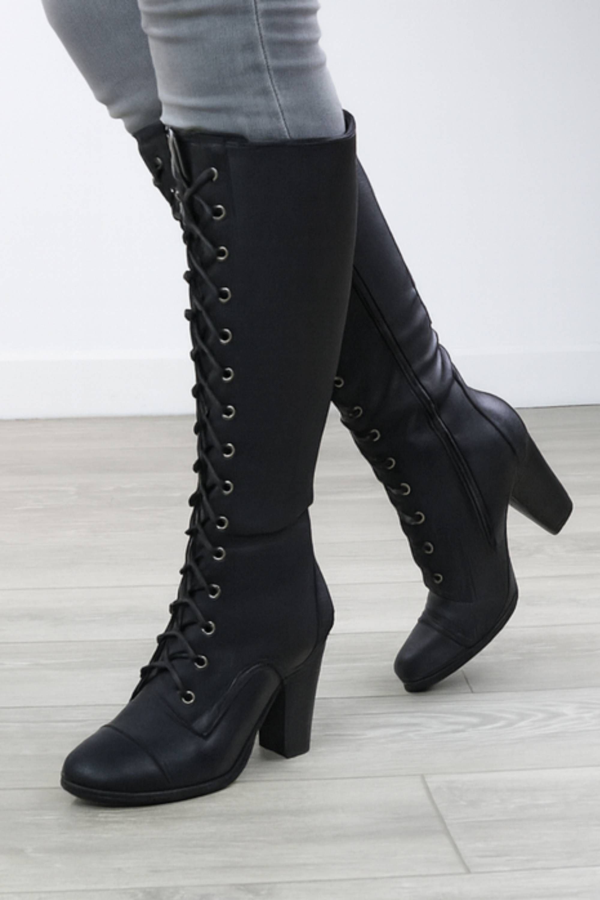 AJVANI High Heel Lace Up Victorian Style Knee High Boots