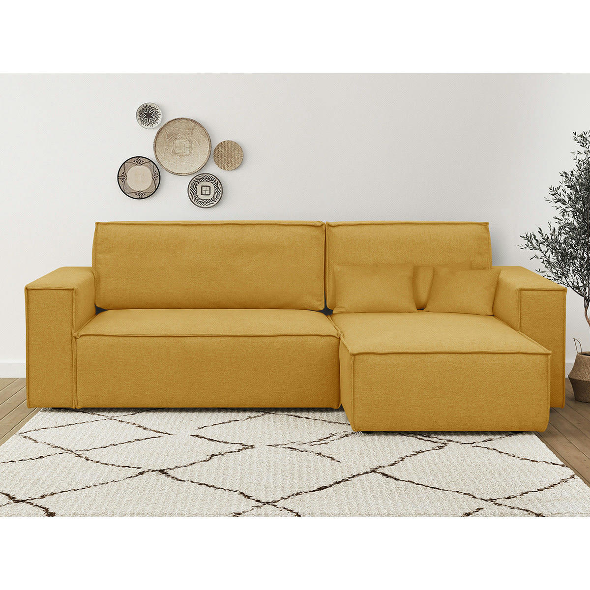 LIVIA NEW - Canapé d'angle convertible 4 places en tissu jaune moutarde