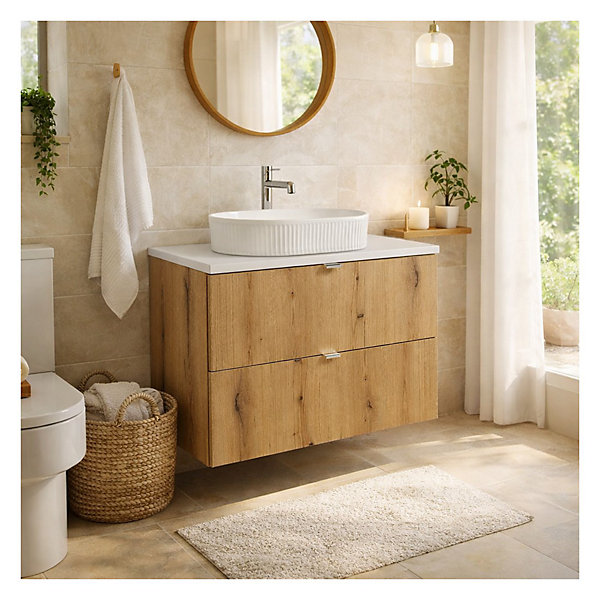 Ensemble de salle de bain suspendu VANO aspect chene et blanc 80cm : meubles sous vasque à tiroirs et plan pour vasque