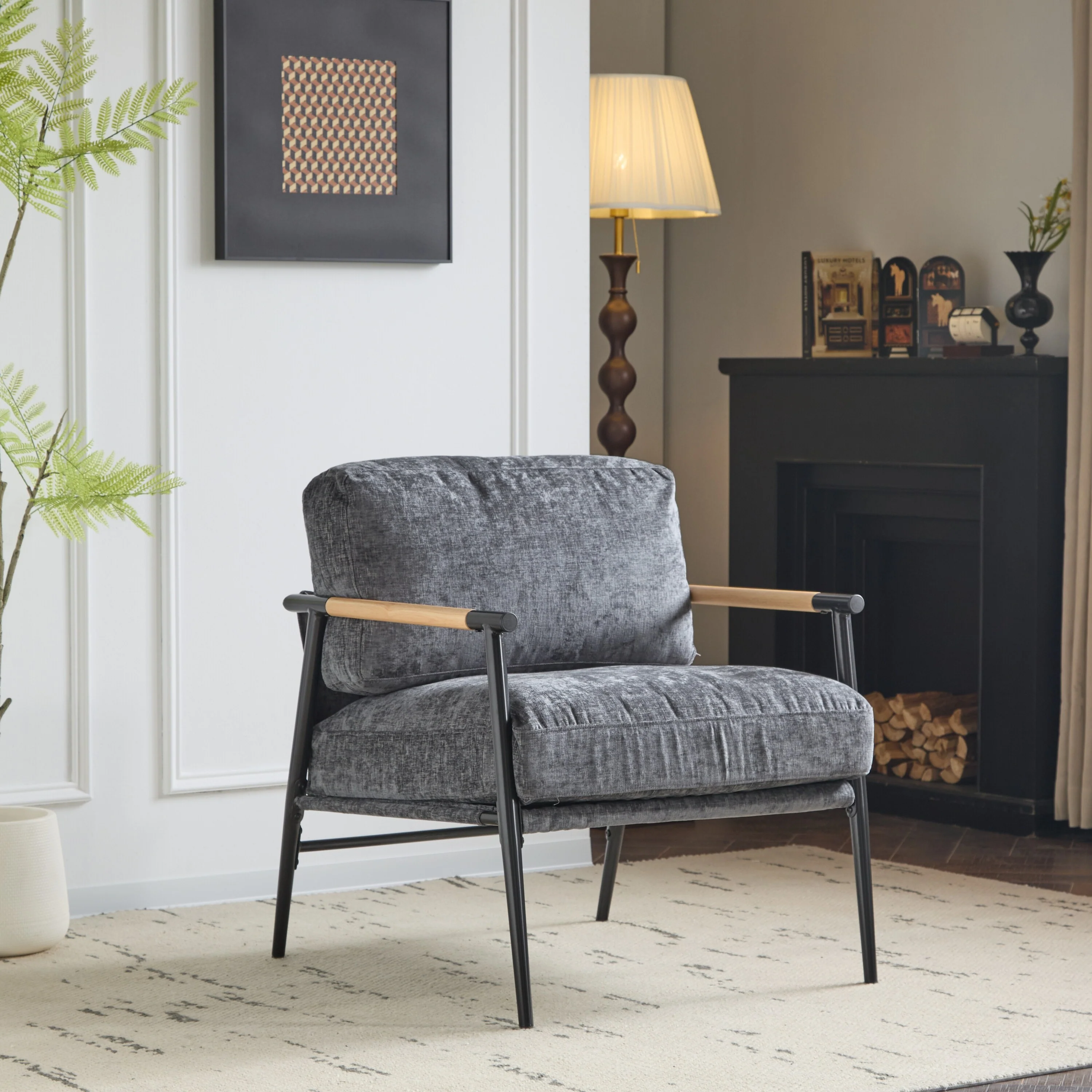 27.56 Modern Accent Chair with Plush Cushions, Minimalist Metal Frame, and Wooden Armrest Design