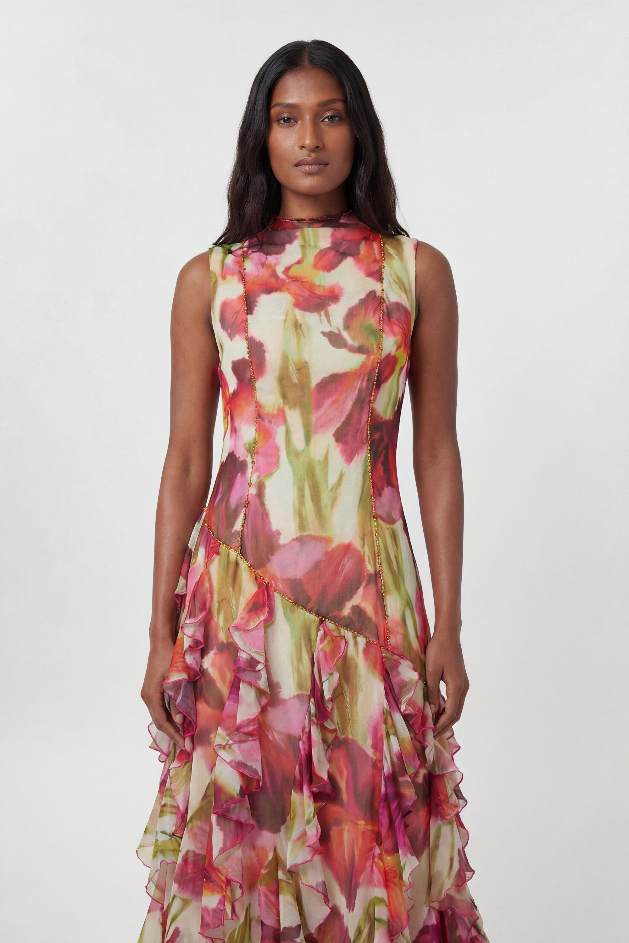 KarenMillen Crinkle Floral Print Beaded High Neck Maxi Dress